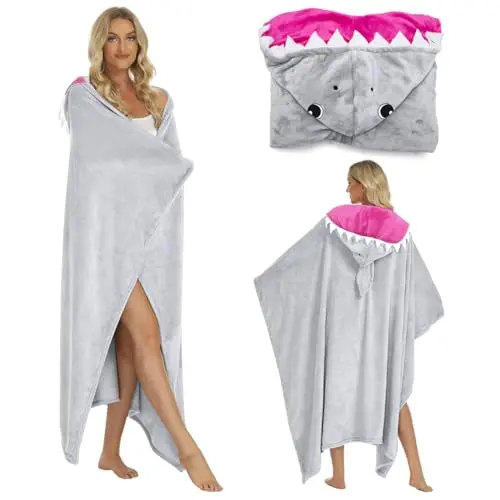 Grau Shark Blanket mit Hoodie, Flauschige Tragbare Decke für Frauen, Süßes Geschenk für Freundin, Schwester oder Mama