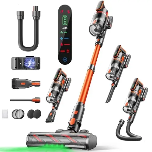 Fieety Akku Staubsauger Kabellos mit Wandladestation, 60 Min Laufzeit, Touchscreen & Ausziehbarem Schlauch