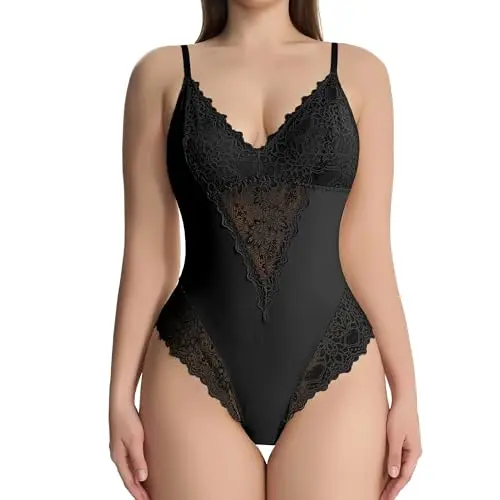 Kermilla Damen Bauchweg Body Shaper, Sexy Spitze, Figurformend, V-Ausschnitt, Verstellbare Träger