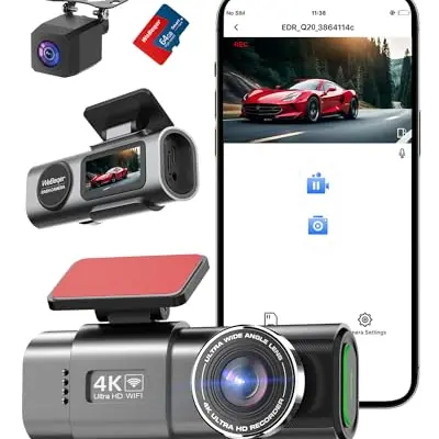 WiFi Dashcam für Auto mit 4K & 1080P - Vorne & Hinten, App-Steuerung, 64GB SD-Karte, Nachtsicht, G-Sensor, Parküberwachung