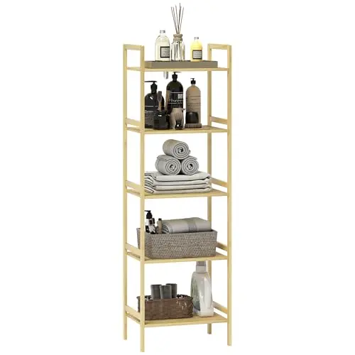HOMCOM Badregal aus Bambus, 5 Ebenen, verstellbare Böden, 43,5 x 31,5 x 142 cm, für Badezimmer und Wohnzimmer