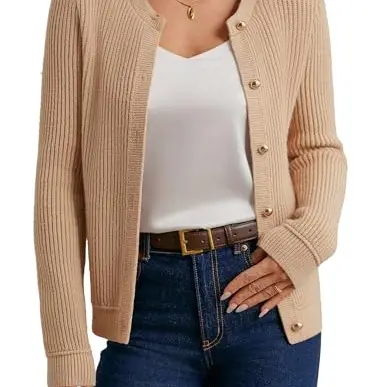 GRACE KARIN Damen Strickjacke Elegant Rundhals Langarm Cardigan Khaki XXL