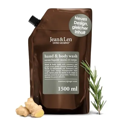 Jean & Len Hand & Body Wash Rosemary & Ginger, 1,5L Nachfüllbeutel, pflegt die Haut, würziger Duft, ohne Silikone & Parabene
