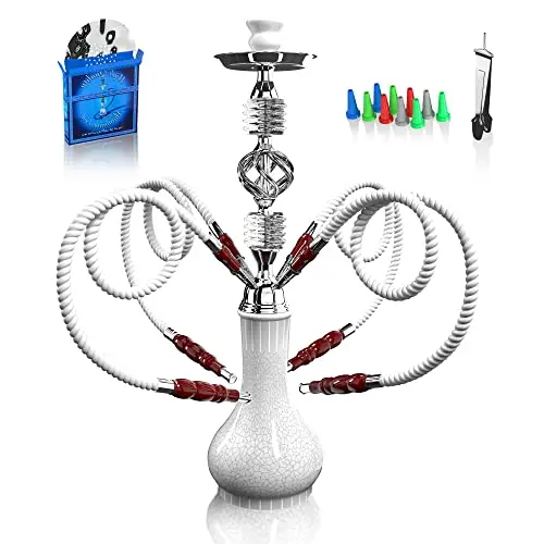 Shisha Komplettset für 4 Personen – 22'' mit glasvase und premium schlauch (Weiß GF1)