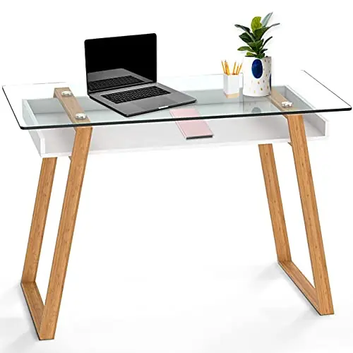bonVIVO Kleiner Schreibtisch 110x55 cm – Moderner Computertisch mit Stauraum – Weißer Glas- und Bambustisch für Home Office