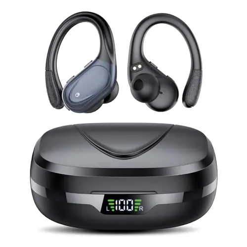 CASCHO Bluetooth Sport-Kopfhörer, kabellos, IPX7, 60 Std, In-Ear mit ANC, klarer Mic, Ohrhaken, Schwarz