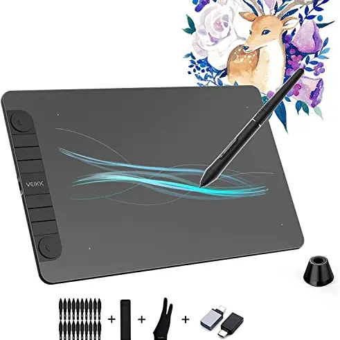 Grafiktablett VEIKK VK1060PRO, 10x6 Zoll mit 8 Shortcut Keys und batterielosem Stift, kompatibel mit Windows/Mac/Android/Linux