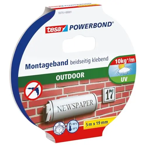 tesa Powerbond Outdoor - Wasserfestes, UV-beständiges doppelseitiges Montageband, 5 m x 19 mm