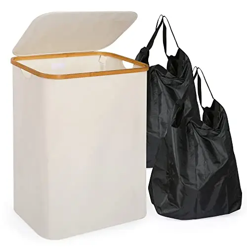 Edaygo Faltbarer Wäschekorb 140 l mit Deckel und 2 Wäschesäcken, Beige