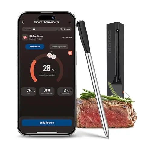 COSORI Smartes Grill- und Fleischthermometer, kabellos mit Bluetooth, spülmaschinenfest, Schwarz