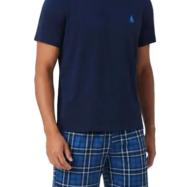 Bresdk Herren Schlafanzug Kurz Baumwolle Pyjama Set mit Karierter Shorts - Marineblau