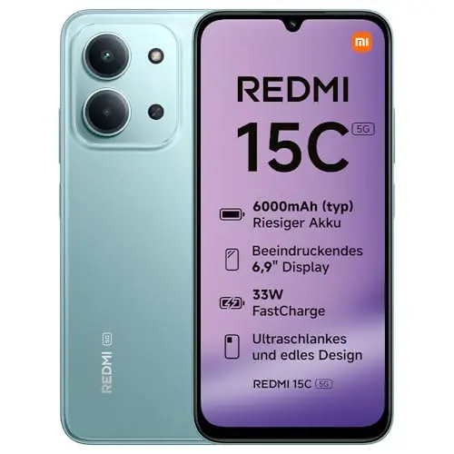 Xiaomi REDMI 15C 5G Smartphone, 4+256GB, 6,9" 120Hz Display, 50MP Kamera, 6000mAh, Mintgrün
