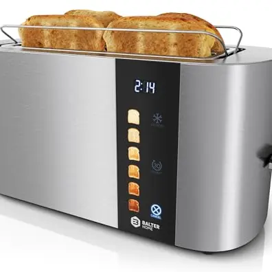 Balter 4-Scheiben Toaster, Edelstahl, Touch Bedienelement, Langschlitz, Brötchenaufsatz