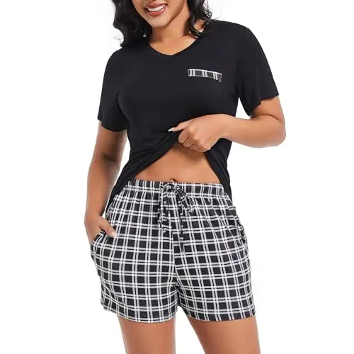 Xuepelit Damen Schlafanzug Kurz Pyjama Set Sommer Baumwolle, Kurzarm Shorty, Schwarz