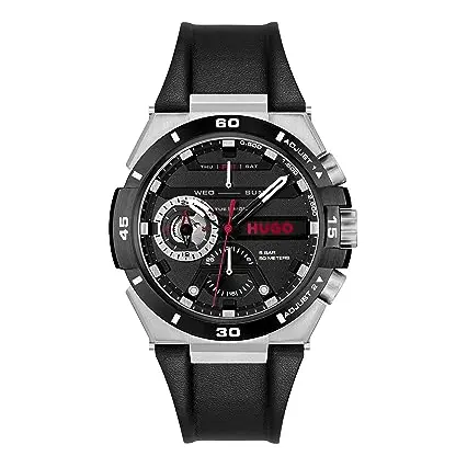 Hugo Herren Uhr mit schwarzem Lederarmband - Kollektion #WILD