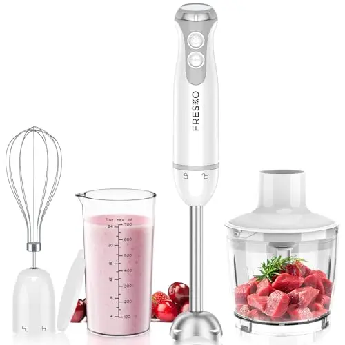 FRESKO 4-in-1 Stabmixer, 1000W mit 12 Geschwindigkeiten, inkl. 500ml Hacker und 700ml Messbecher, für Smoothies und Babynahrung