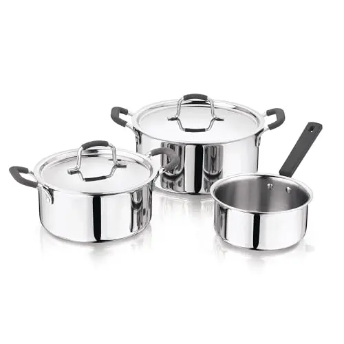 MasterPRO 5-teiliges Pfannen- und Topfset - 1 Kasserolle 16 cm, 2 Kochtöpfe mit Deckel 20 cm & 24 cm, Silikongriff, Edelstahl-Deckel