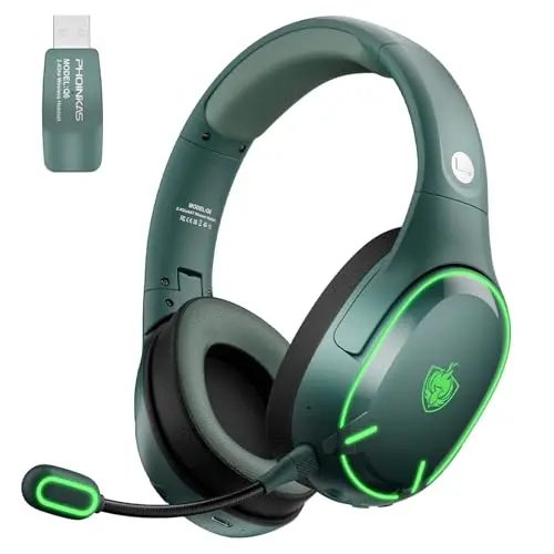 PHOINIKAS Wireless Gaming Headset mit Bluetooth 5.3 und Noise Cancelling Mikrofon, 30 Std. Akku, LED Licht