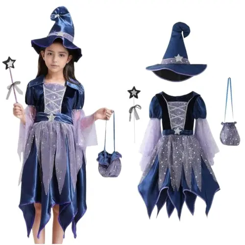 Sobzia Halloween Kostüm für Kinder, Hexenkostüm, blau, mit Hut, Feenstab und Tragetasche – Karneval, Cosplay, Festival & Party, 140
