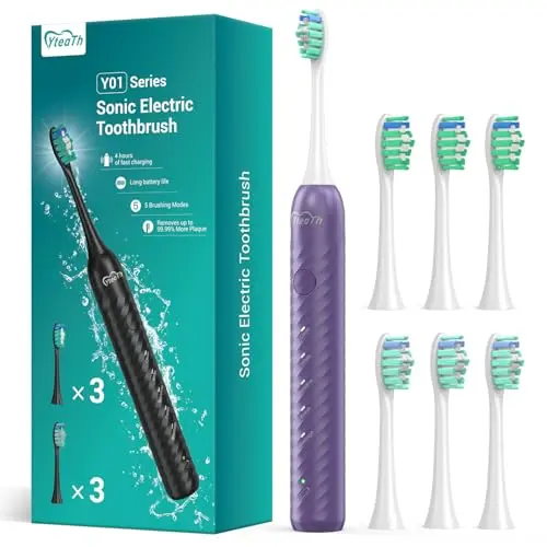 YTEATH PRO Elektrische Zahnbürste für Erwachsene, 6 Bürstenköpfe, wiederaufladbar, 180 Tage Akkulaufzeit, Violett