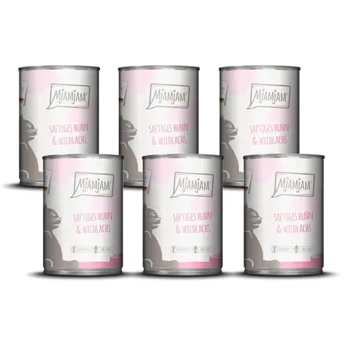 MjAMjAM Premium Nassfutter für Katzen - mit saftigem Huhn & Wildlachs, getreidefrei, 6 x 400 g