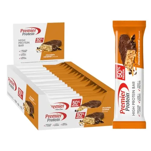 Premier Protein Riegel - Schokolade Karamell - 16x40g - 50% Protein - Low Sugar - Low Carb