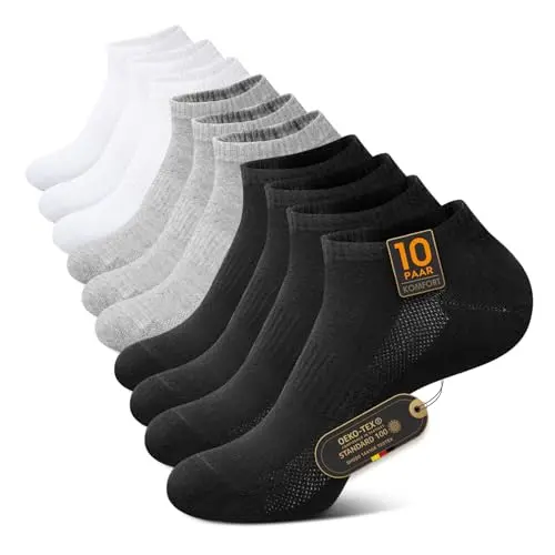 TUUHAW Damen Sportsocken 35-38 - 10 Paar, Atmungsaktive Kurzsocken in Schwarz, Weiß und Grau