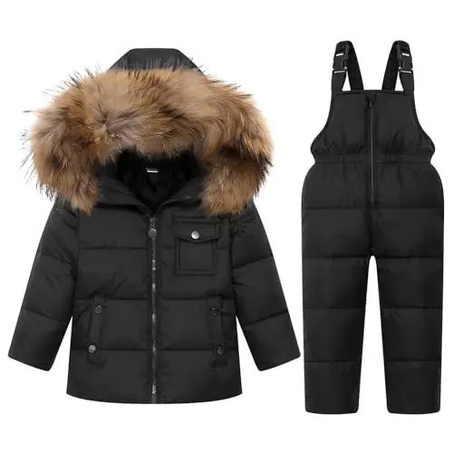 Kinder Daunenjacke mit Kapuze und Skihose, Winterbekleidungsset für Mädchen und Jungen, Schwarz, 4-5 Jahre