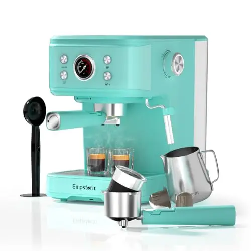 Empstorm Espresso Siebträgermaschine mit Milchaufschäumer – 2 in 1 für Kaffeepulver & Kaffeekapseln, Hellblau