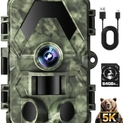 Wildkamera 5K 60MP mit Nachtsicht und Bewegungssensor, 130° Weitwinkel, wasserdicht, 64GB Speicherkarte