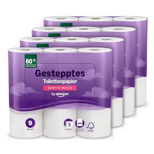 Amazon Toilettenpapier, 3-lagig, Samtig Weich, 36 Rollen (9 Rollen, 4-er Pack), FSC-Zertifiziert