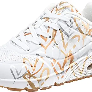 Skechers Damen UNO Metallic Love Trainer, Weiß mit Herzprint, Größe 38.5 EU