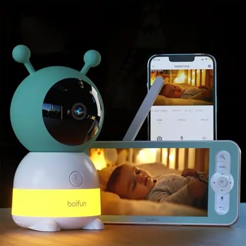 BOIFUN 2K WLAN Babyphone mit Kamera, App, 5 Zoll Bildschirm, Nachtlicht, IR Nachtsicht, 360° Kamera, Bewegungs- und Geräuscherkennung