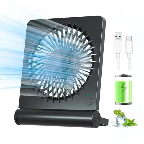 Kleiner tragbarer Tischventilator, 2000mAh, 3-stufig, 220° einstellbar, leise, USB, ideal für Büro, Zuhause & Reisen - Schwarz