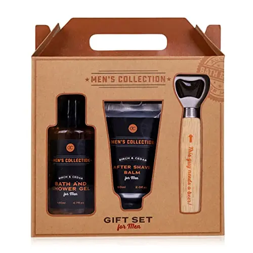 Accentra Men's Collection Geschenkset in Kraftpapierbox – 140ml Badegel, Duschgel, 60ml After Shave Balsam & Flaschenöffner, Duft: Birke & Zeder