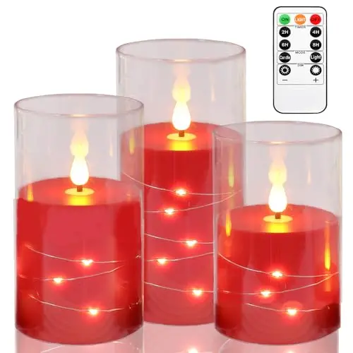 Kiexung LED-Kerzen mit Fernbedienung, 3er-Set (rot) - batteriebetriebenes Kerzenlicht