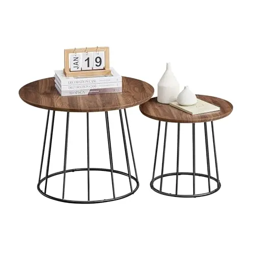 VASAGLE 2er Set runder Couchtisch, modern mit Stahlgestell, naturwalnussfarben