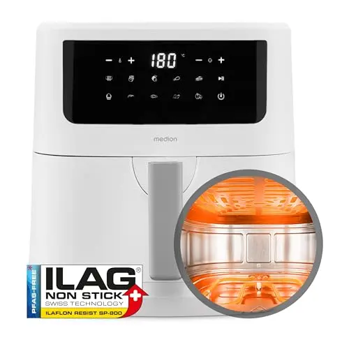 MEDION P10 XL Heißluftfritteuse 6,8 Liter, 2.150 Watt, 9 Automatikprogramme, Touch Bedienfeld, weiß