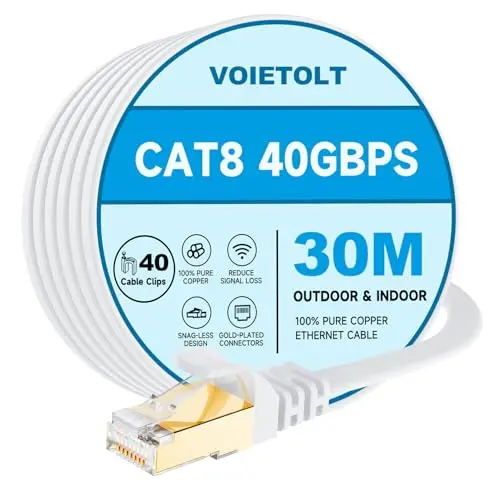 VOIETOLT Cat8 LAN Kabel 30M, 40Gbps Hochgeschwindigkeit Ethernet Kabel für PS4/5, Modem, Router (weiß)