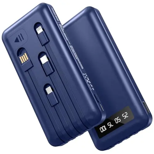26800mAh Powerbank mit 4 Kabeln, 22.5W Schnellladung, LED Display, Externer Akku für iPhone & Samsung Galaxy, Blau