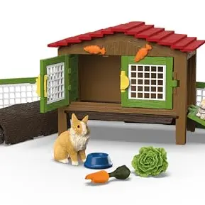 Schleich Farm World Kaninchenstall Set mit 3 Kaninchen und Zubehör – Bauernhof Spielzeug für Kinder ab 3 Jahren
