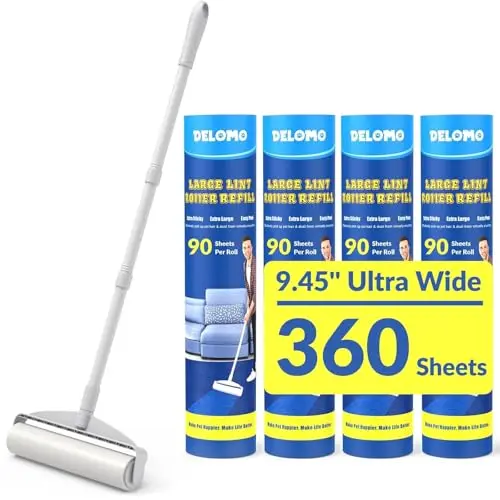 DELOMO große Fusselrolle für Teppich – 360 Blatt, klebriger Fusselroller mit langem Griff, 24 cm breit