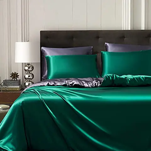 Gezu Wendebettwäsche Set 220x240cm Satin Grün/Grau mit 2 Kopfkissenbezügen 80x80cm