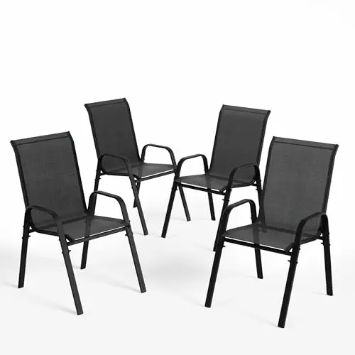 ALAULM 4er Set stapelbare Gartenstühle – wetterfest mit Armlehnen für Garten, Balkon, Terrasse und Pool (Schwarz)