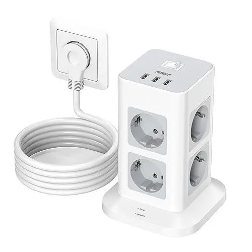 TESSAN 8-fach Steckdosenleiste mit 3 USB-Anschlüssen und Überspannungsschutz, 2m Kabel
