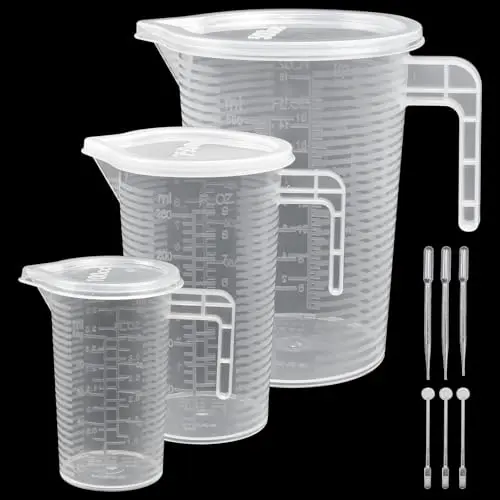 CAREDGO Messbecher Set, 3 Stück 100ml, 250ml, 500ml - Kunststoff Becher mit Griff und Deckel, hitzebeständig
