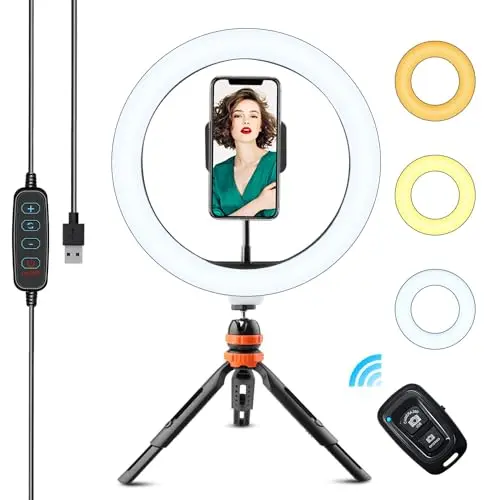 10 Zoll LED Ringlicht mit Stativ - dimmbares Selfie Licht mit 3 Lichtmodi und 11 Helligkeitsstufen für Makeup und Live-Streaming