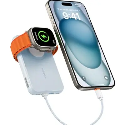 VEGER Mini Power Bank 10000mAh mit integriertem Apple Kabel und 2x USB-C, ideal für iPhone und Apple Watch (Blau)