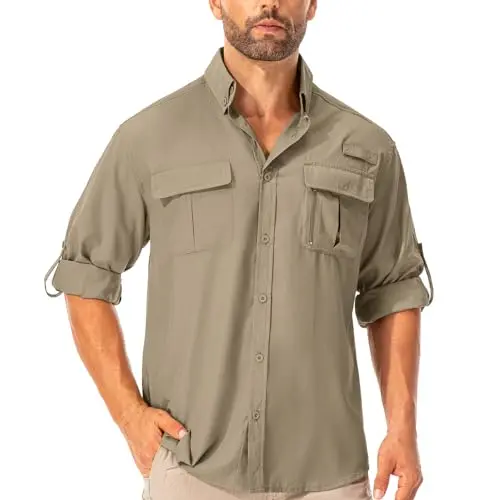 Asfixiado Herren Langarm Safari Hemd mit UV Schutz - Atmungsaktives, Schnelltrocknendes Outdoorhemd (Khaki, S)