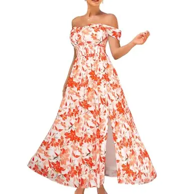 Damen Maxikleid Ärmellos Casual A-Linie V-Ausschnitt in Hellorange mit Blumen auf Weiß